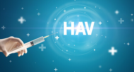 Syringe needle with virus vaccine and HAV abbreviation, antidote concept