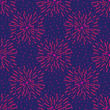 Pink fireworks on blue sky seamless vector pattern. Surface pritn design for fabrics, textiles, stationery, scrapbook, gift wrap, and packaging. Great for new year, divali, festivals, and celebrations