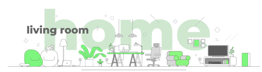 Fototapeta premium Illustration of the room and interior objects in a minimalist style. Linear style. Living room.