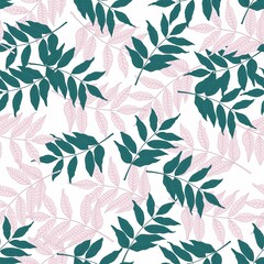 Hand Drawn Seamless Foliage Pattern. Cute background with pink green line leaves.