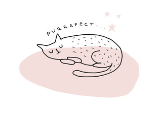 Funny Hand Drawn Vector Illustration with Cute Dreamy Cat on a White Background. White Kitty Sleeping on a Pastel Pink Pillow. Simple Infantile Style Print for Cat Lovers ideal for Card, Wall Art.