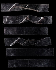set of transparent adhesive tape or strips isolated on black background, crumpled plastic sticky snips, poster design overlays or elements.
