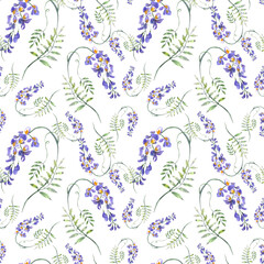 Watercolor illustration. Seamless floral pattern on a white background from flowers of wisteria. Seamless design with purple wisteria.