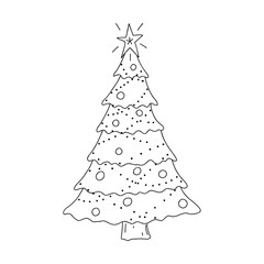 Decorated Christmas tree in Doodle style. The sketch is hand-drawn and isolated on a white background. Element of new year and Christmas design. Outline drawing. Black-white vector illustration.
