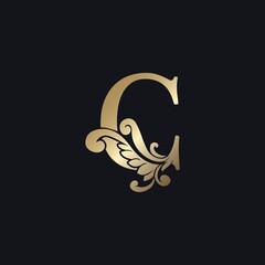 Classy Gold Letter C Luxury Decorative Initial Logo Icon, Elegance Swirl Ornate Deco Vintage Design