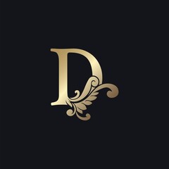 Classy Gold Letter D Luxury Decorative Initial Logo Icon, Elegance Swirl Ornate Deco Vintage Design