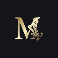 Classy Gold Letter M Luxury Decorative Initial Logo Icon, Elegance Swirl Ornate Deco Vintage Design