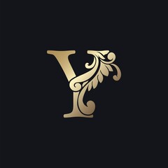 Classy Gold Letter Y Luxury Decorative Initial Logo Icon, Elegance Swirl Ornate Deco Vintage Design