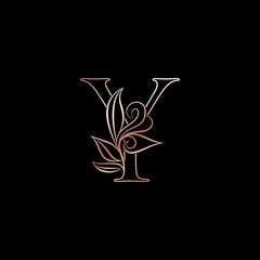 Gold Rose Outline Letter Y Luxury Decorative Initial Logo Icon, Elegance Ornate Deco Design