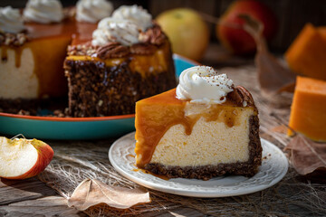 Pumpkin cheesecake. Curd cake with caramel, nuts, whipped cream, pumpkin, apples and autumn leaves on the background.