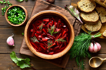 Beetroot soup, borscht in bowl