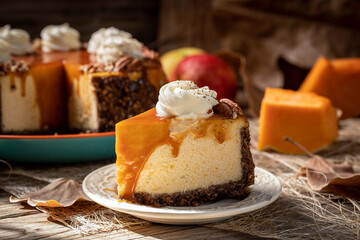 Pumpkin cheesecake. Curd cake with caramel, nuts, whipped cream, pumpkin, apples and autumn leaves on the background.