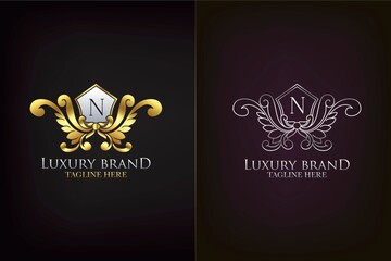 Golden Emblem Letter N Luxury Decoration Initial Logo Icon, Elegance Ornate Emblem Deco Design