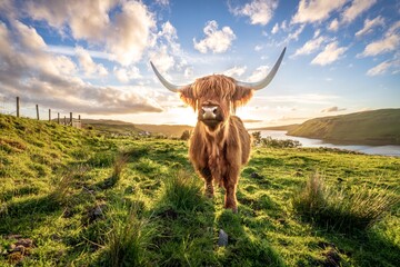 Vache Highland rétro-éclairé au coucher du soleil en gros plan avec toile de fond. Écosse. regarder à droite.