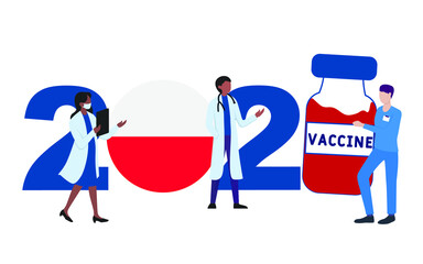 Fototapeta premium 2021 year. Covid-19 vaccine with Poland flag and doctors on white background. Greeting card on the theme of fighting the COVID-19 epidemic with the hope of receiving a vaccine by 2021