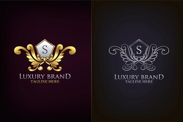 Golden Emblem Letter S Luxury Decoration Initial Logo Icon, Elegance Ornate Emblem Deco Design