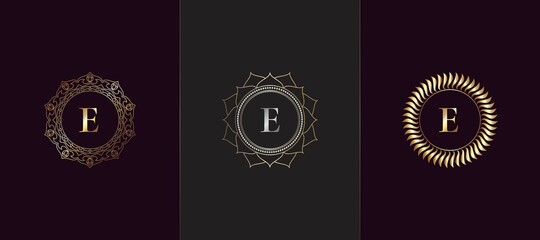 Golden Emblem Letter E Luxury Decoration Initial Logo Icon, Elegance Set Gold Ornate Emblem Deco Vector Design