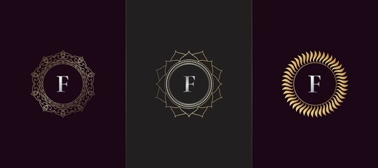 Golden Emblem Letter F Luxury Decoration Initial Logo Icon, Elegance Set Gold Ornate Emblem Deco Vector Design