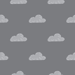 Minimalistic seamless weather pattern with clouds simple silhouettes. Hand drawn shapes in grey palette artwork.