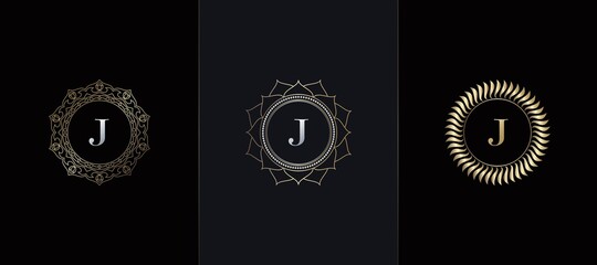 Golden Emblem Letter J Luxury Decoration Initial Logo Icon, Elegance Set Gold Ornate Emblem Deco Vector Design