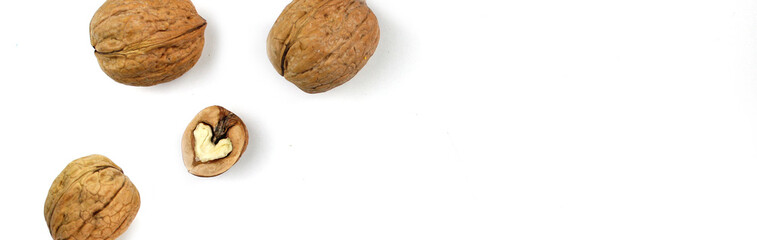 Banner. Walnuts isolated on white background. Healthy eating.