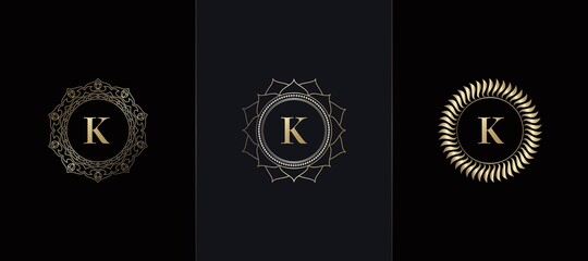 Golden Emblem Letter K Luxury Decoration Initial Logo Icon, Elegance Set Gold Ornate Emblem Deco Vector Design