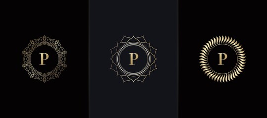 Golden Emblem Letter P Luxury Decoration Initial Logo Icon, Elegance Set Gold Ornate Emblem Deco Vector Design