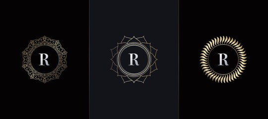Golden Emblem Letter R Luxury Decoration Initial Logo Icon, Elegance Set Gold Ornate Emblem Deco Vector Design