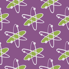 Seamless education print with green and white molecule elements. Purple tone background. Cartoon school print.