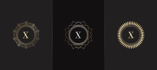 Golden Emblem Letter X Luxury Decoration Initial Logo Icon, Elegance Set Gold Ornate Emblem Deco Vector Design