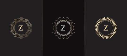 Golden Emblem Letter Z Luxury Decoration Initial Logo Icon, Elegance Set Gold Ornate Emblem Deco Vector Design