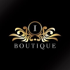 Letter I Logo Gold Luxury Boutique Badge Decorative Ornate Elegance Ornament Design