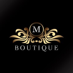 Letter M Logo Gold Luxury Boutique Badge Decorative Ornate Elegance Ornament Design