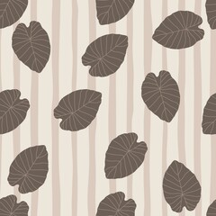 Fototapeta na wymiar Random seamless floral pattern with hand drawn brown leaves. Striped pastel light background.