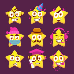 Cute golden star set with different expression. Kawaii stars set, face with eyes. Vector set of star emoticons