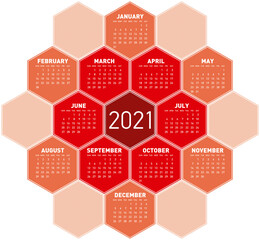 Red Calendar design for year 2021 in an hexagonal pattern. In vector format.