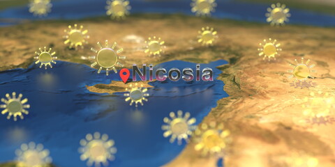 Nicosia city and sunny weather icon on the map, weather forecast related 3D rendering
