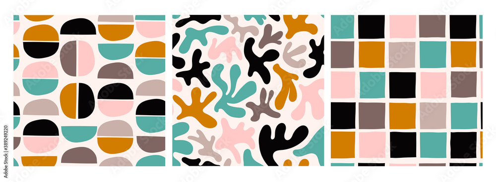 Aufkleber various colored abstract shapes. set of three colorful abstract seamless patterns. background, wallp