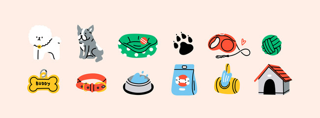 Various Dog Supplies and Equipment. Food, toys, home, collar, leash, tag, bone. Pet shop or store concept. Hand drawn colorful icons. Trendy Vector illustration. All elements are isolated