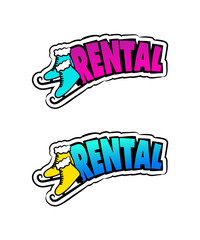 Hand Drawn Skate Rental Logo in pop art style isolated on white background. Winter equipment emblem for stickers and badges. Vector illustration for sports and rental projects.