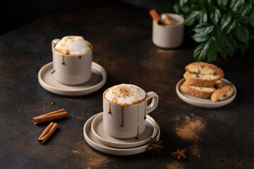 Obraz na płótnie Canvas Hot winter cappuccino with cinnamon and caramel