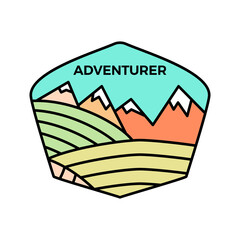 Vintage adventurer line art logo emblem template, adventure badge design with mountains. Unusual linear retro style sticker. Stock vector. Pastel colors art