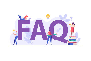 People with big FAQ sign. Customers asking frequently asked questions. Concept of customer guide, useful information, online support. Vector illustration in flat design for UI, web banner