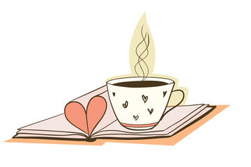 Cup of tea on a book with a heart made of pages
