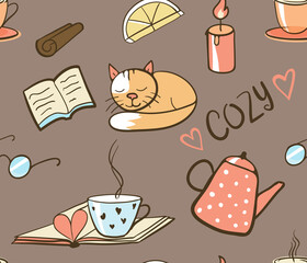 seamless pattern with cozy reading icon set