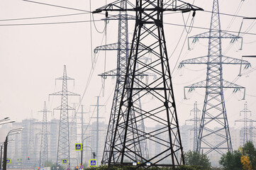 wires and towers of high-voltage lines in Saint Petersburg, Russia