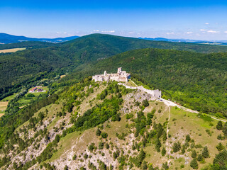 Aerial view of Cachtice castle, Slovakia. Famous medieval castle known from legends of bloody queen Bathory.