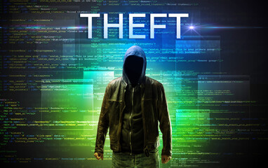 Faceless hacker with THEFT inscription on a binary code background