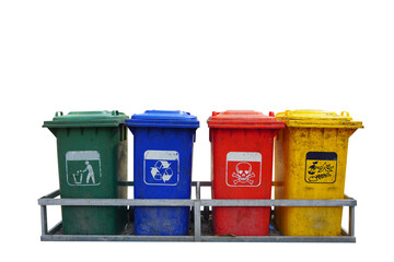 Bangkok in Thailand. yellow, green, blue and red recycle bins with recycle symbol