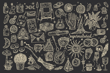 Supernatural magic collection of magical elements. Witch's things, vintage retro engraving style, vector graphics